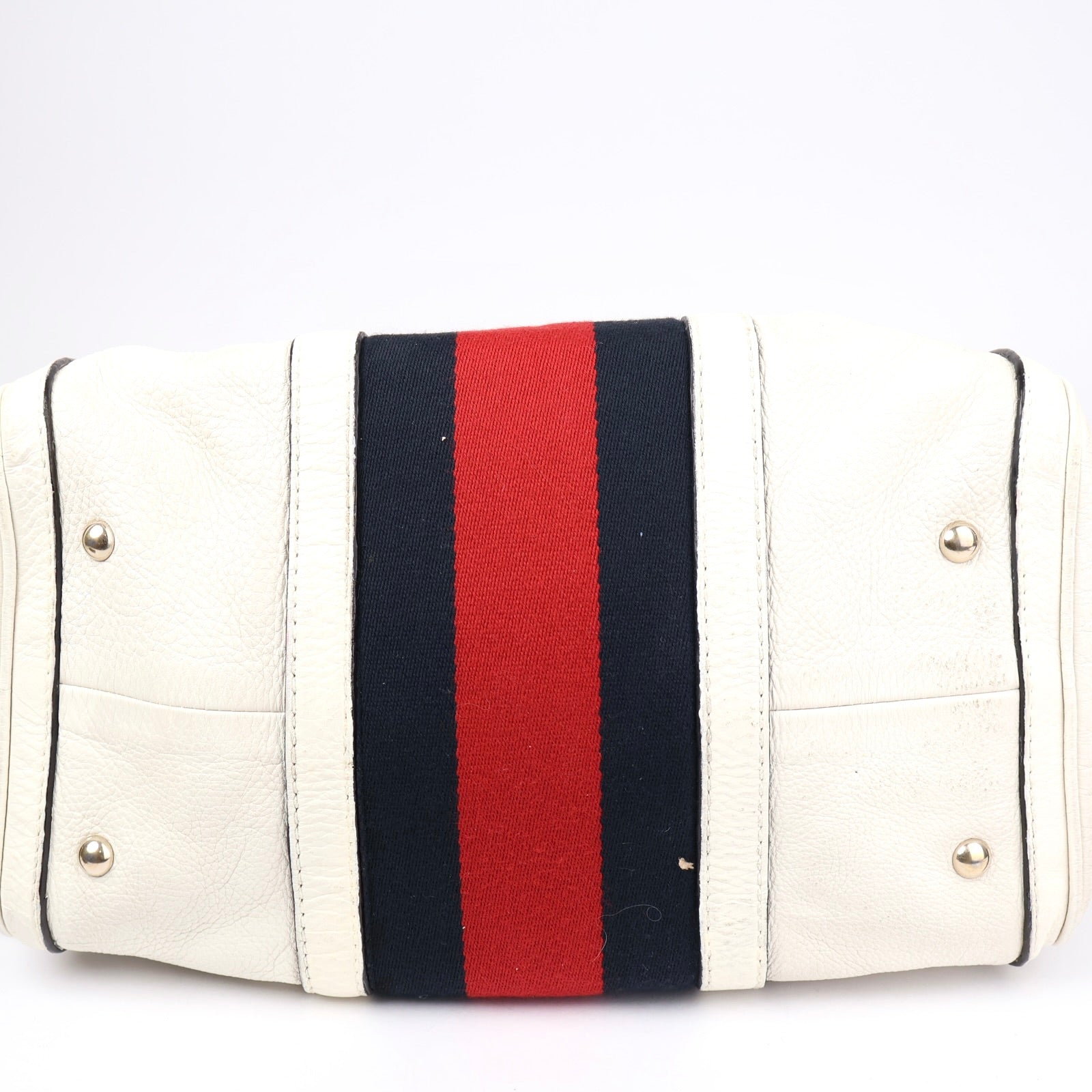 J1344 Gucci White Leather Vintage Web Stripe Medium Joy Boston Bag- Pre Owned