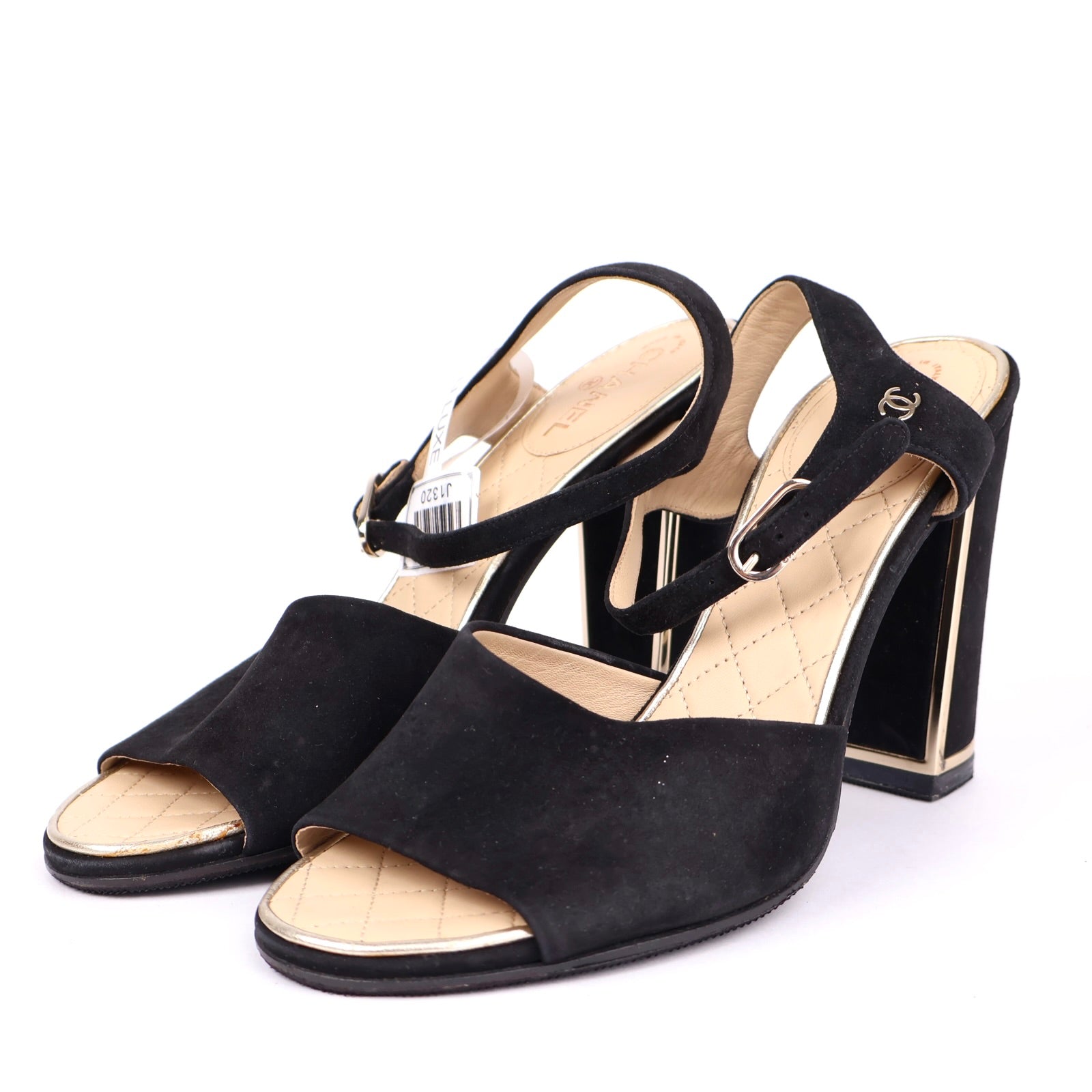 J1320 CHANEL Black Suede CC Logo Ankle Strap Block Heel Sandals EU36.5/ UK3.5 - Pre Owned