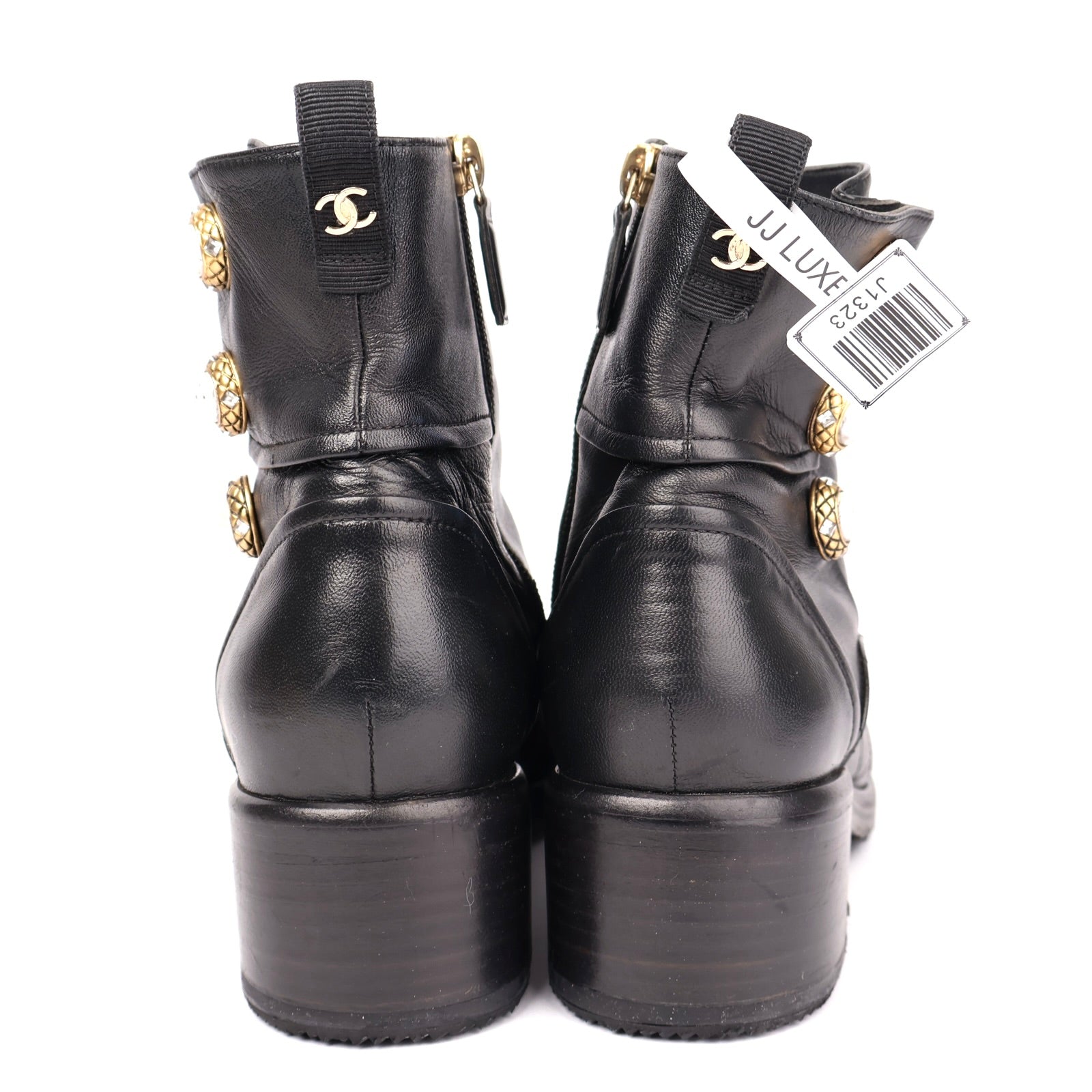 J1323 CHANEL Black Quilted Leather Ankle Boots with Gold Tone Button Detail EU37/UK4- Pre Owned