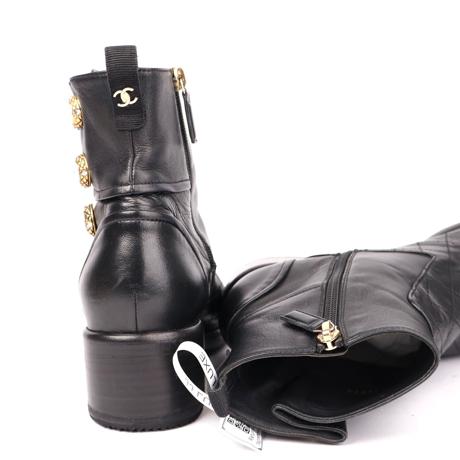 J1323 CHANEL Black Quilted Leather Ankle Boots with Gold Tone Button Detail EU37/UK4- Pre Owned