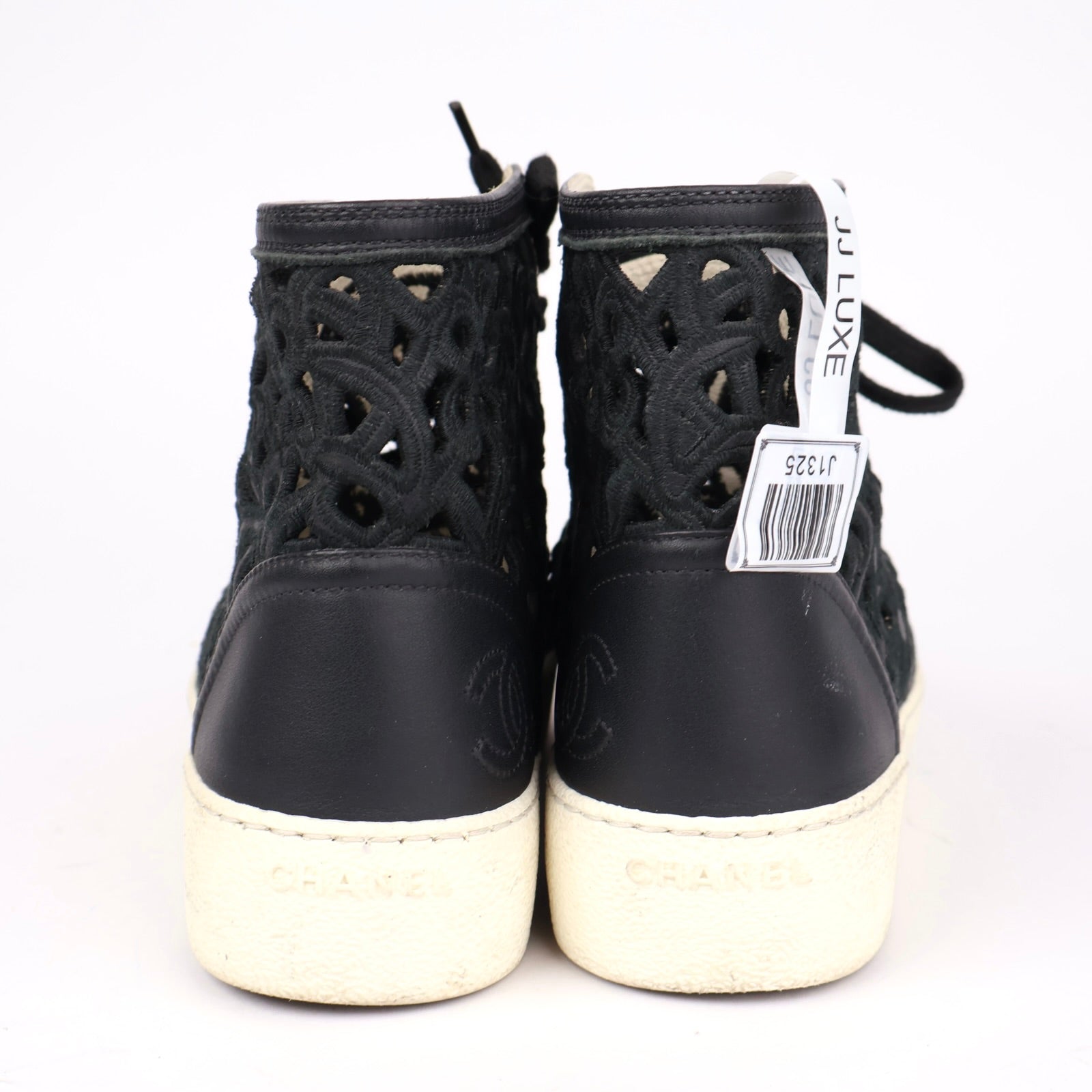 J1325 CHANEL Black Lace Floral High-Top Sneakers with Leather Trim EU36/ UK3.5- Pre Owned
