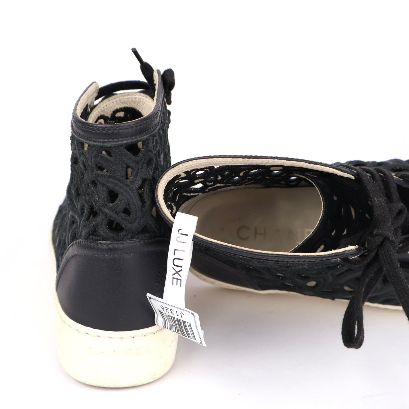 J1325 CHANEL Black Lace Floral High-Top Sneakers with Leather Trim EU36/ UK3.5- Pre Owned