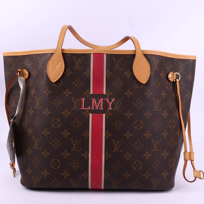 J2899 Louis Vuitton Tote Bag Neverfull MM Monogram tote bag with pink Stripe detail LMY | Pre-Owned Brown / Pink Monogram Monogram coated canvas