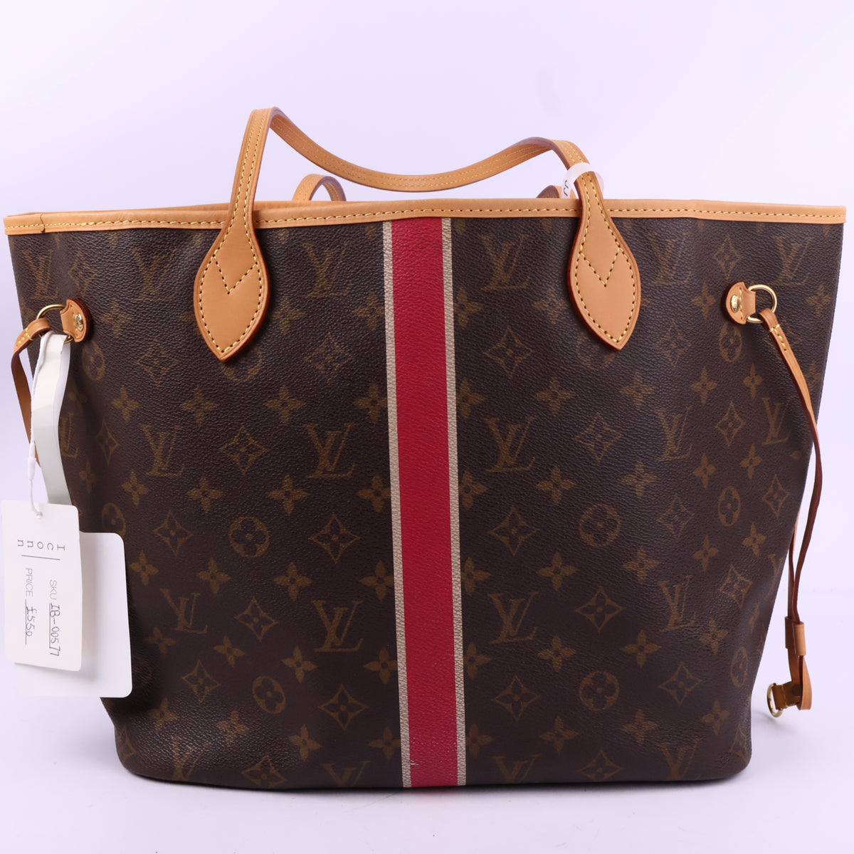 J2899 Louis Vuitton Tote Bag Neverfull MM Monogram tote bag with pink Stripe detail LMY | Pre-Owned Brown / Pink Monogram Monogram coated canvas