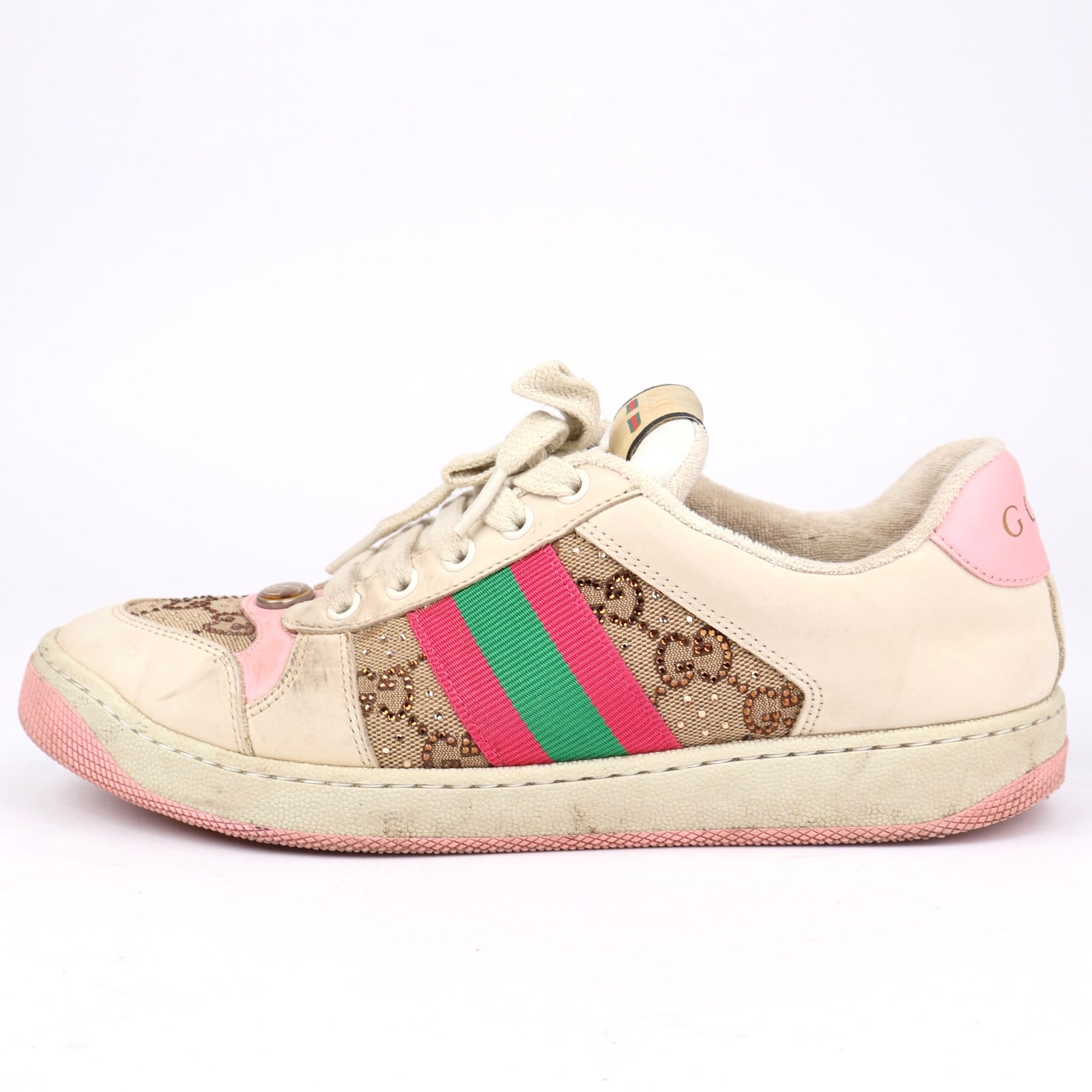 J1333 Gucci Ace GG Supreme Sneakers with Web Stripe in Beige and Pink EU38/UK5- Pre Owned