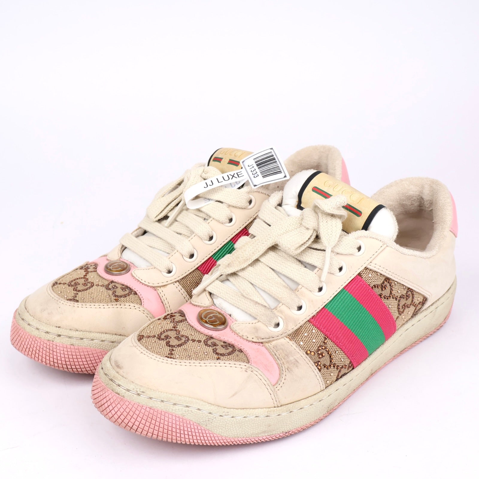 J1333 Gucci Ace GG Supreme Sneakers with Web Stripe in Beige and Pink EU38/UK5- Pre Owned