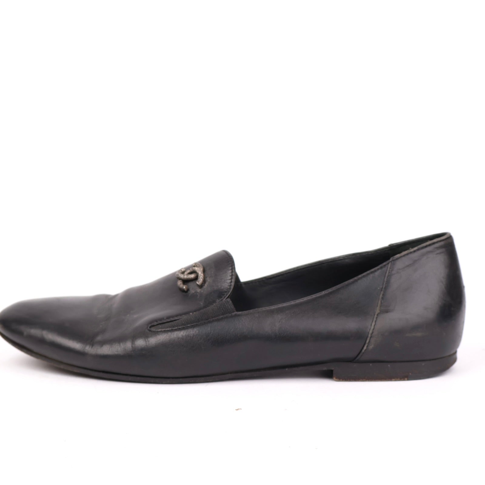 J1337 CHANEL Black Leather CC Logo Smoking Flats EU37/UK4- Pre Owned