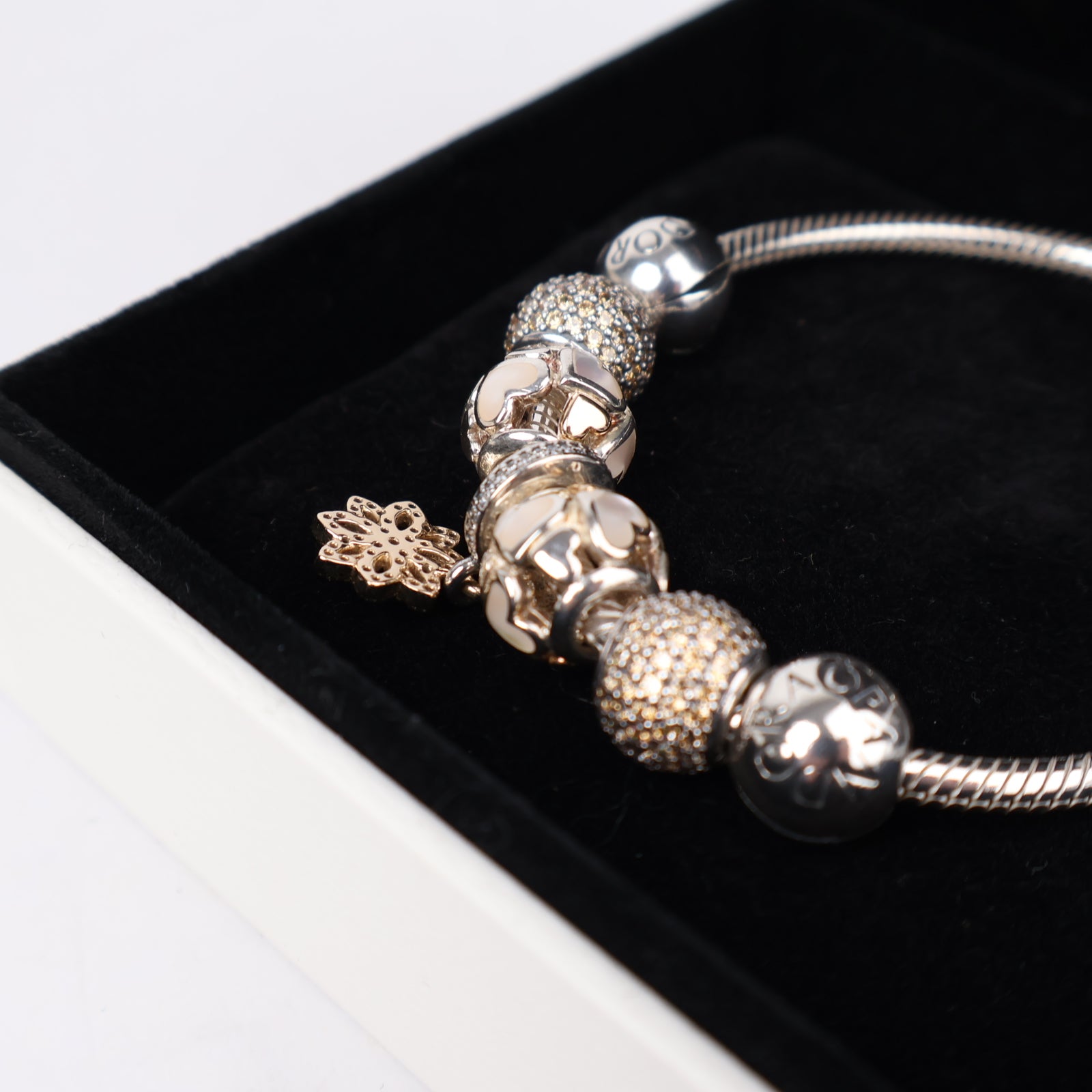 J1298 Pandora Moments Snake Chain Bracelet with Sparkling & Pink Heart Charms- Pre Owned