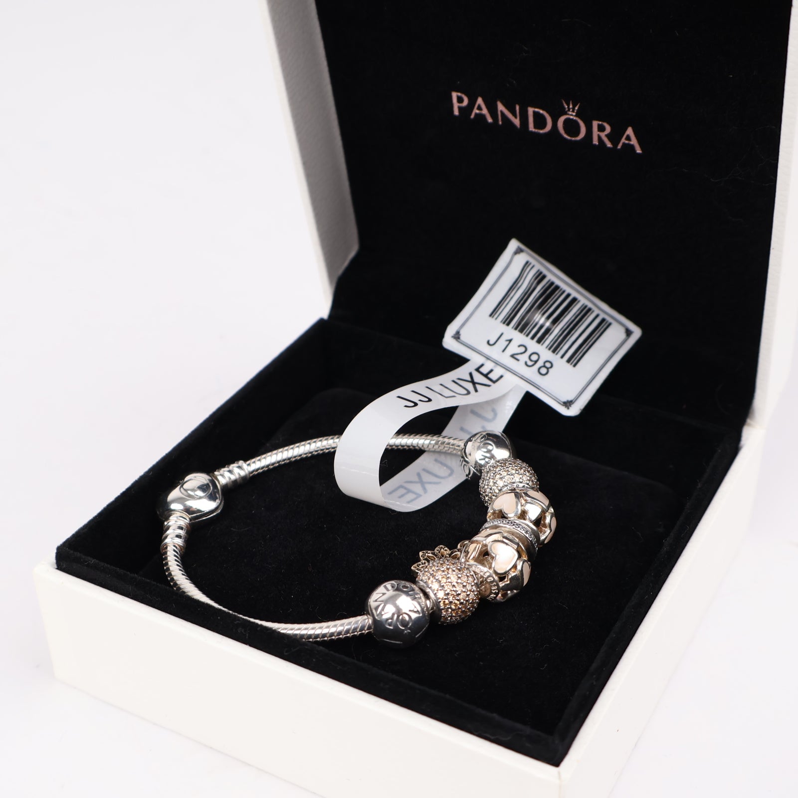 J1298 Pandora Moments Snake Chain Bracelet with Sparkling & Pink Heart Charms- Pre Owned