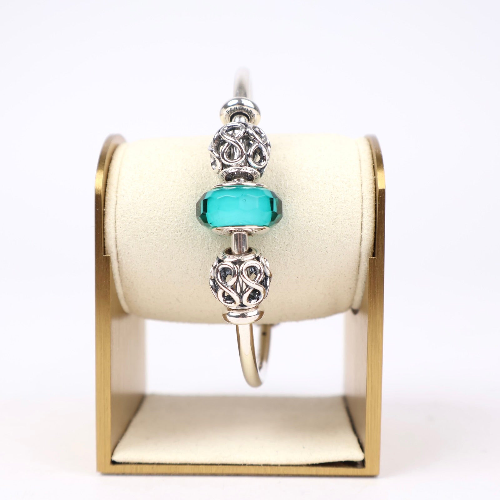 J1289 Pandora Moments Open Bangle with Green Murano Glass and Infinity Charms- Pre Owned