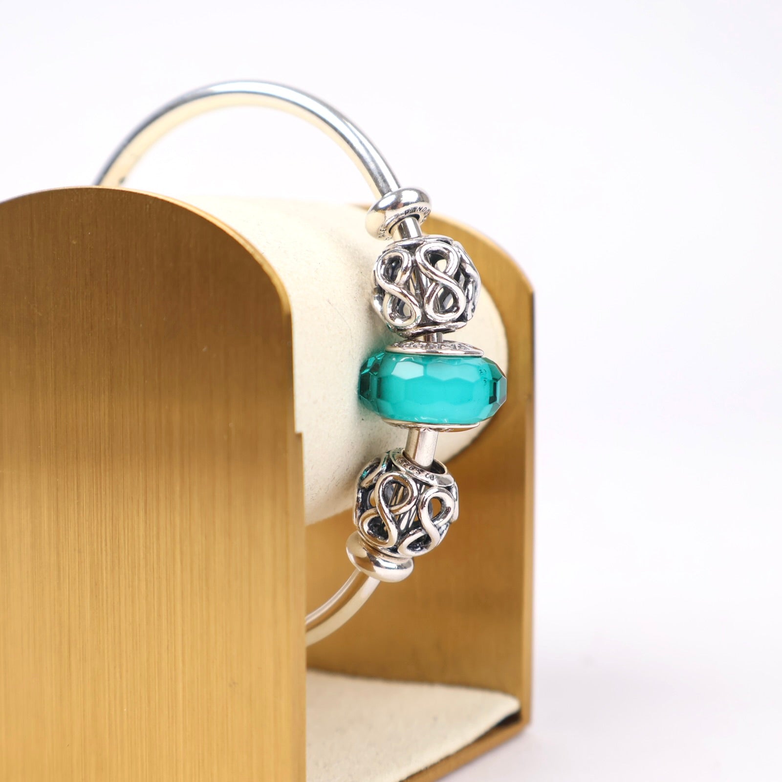 J1289 Pandora Moments Open Bangle with Green Murano Glass and Infinity Charms- Pre Owned