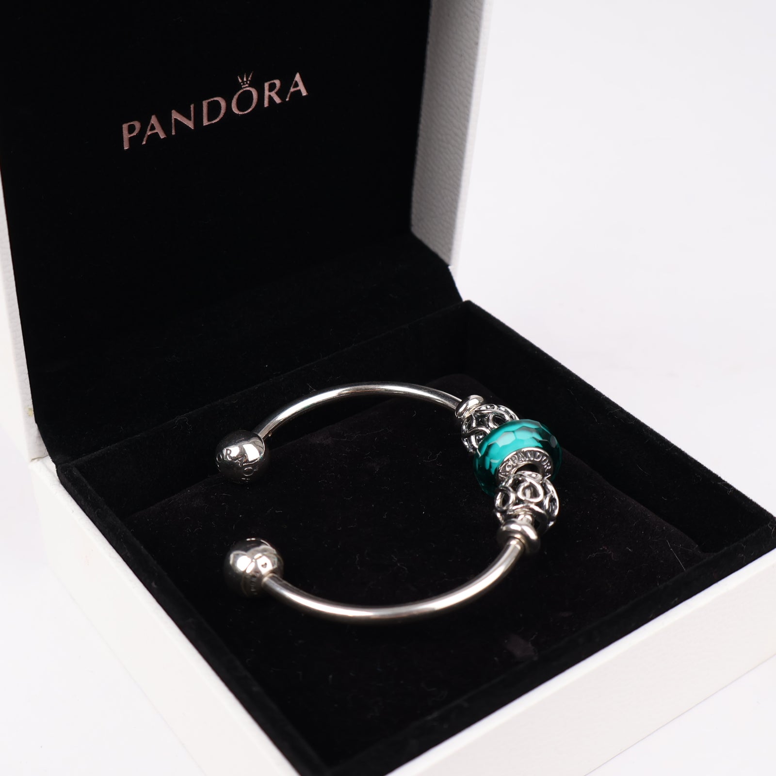 J1289 Pandora Moments Open Bangle with Green Murano Glass and Infinity Charms- Pre Owned