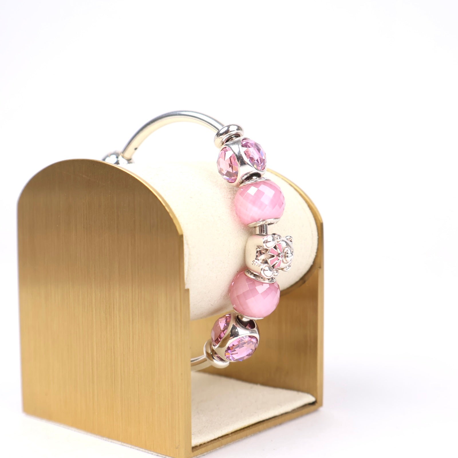 J1290 Pandora Moments Open Bangle with Pink Sparkling and Teddy Bear Charms- Pre Owned