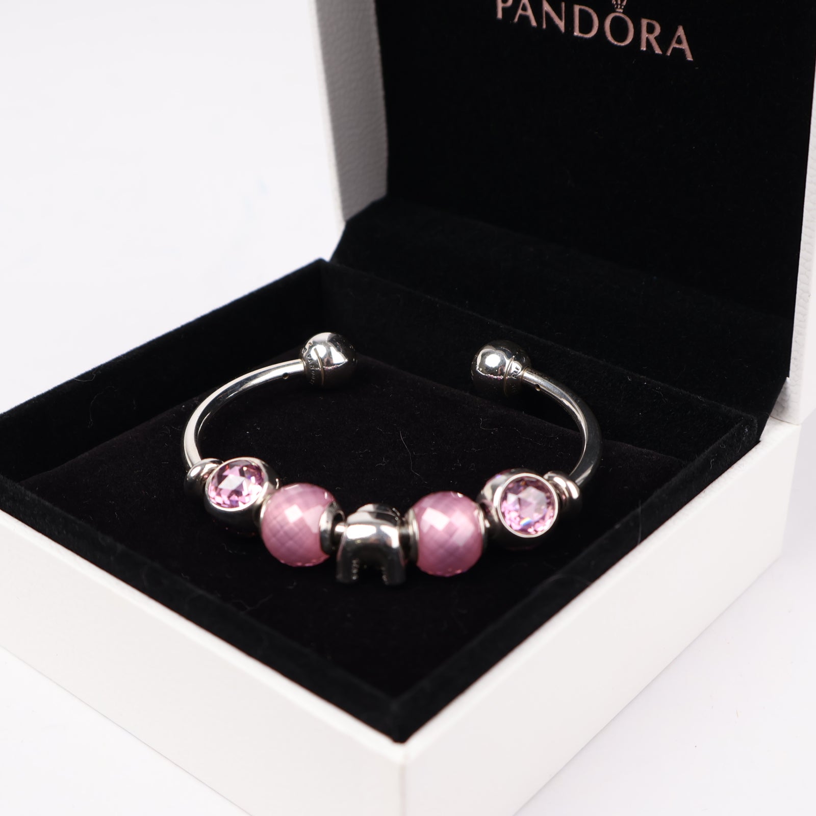 J1290 Pandora Moments Open Bangle with Pink Sparkling and Teddy Bear Charms- Pre Owned