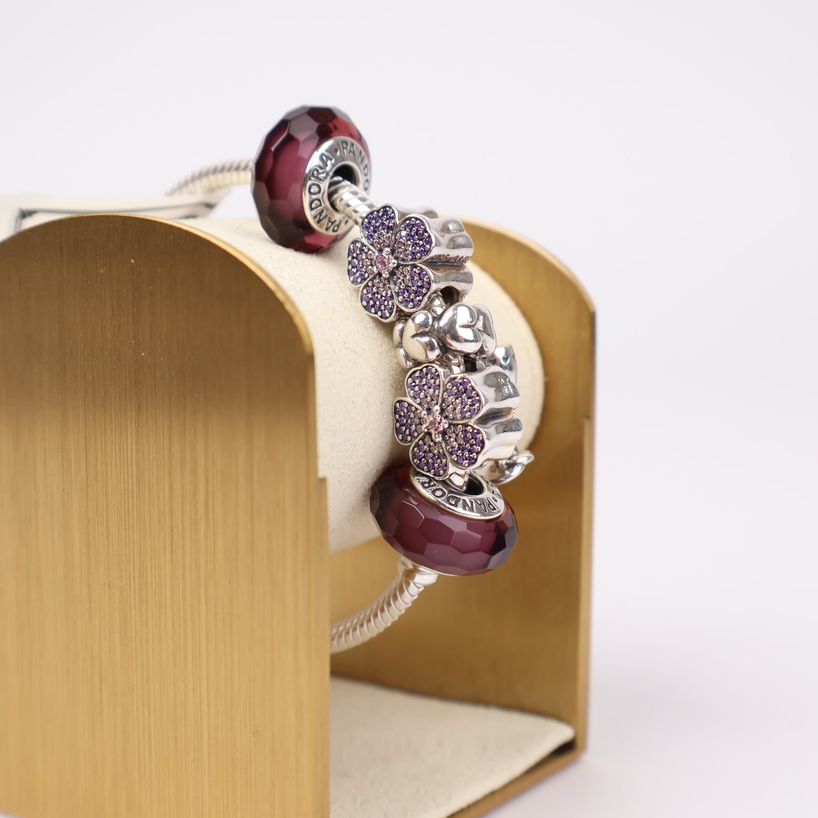 J1300 Pandora Moments Bracelet with Purple Flower and Burgundy Murano Glass Charms- Pre Owned
