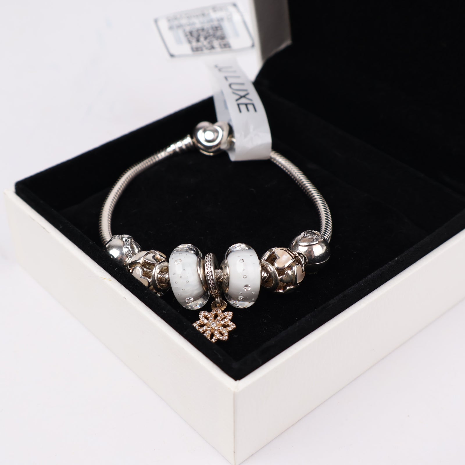 J1294 Pandora Snowflake Murano Glass Charm Bracelet- Pre Owned