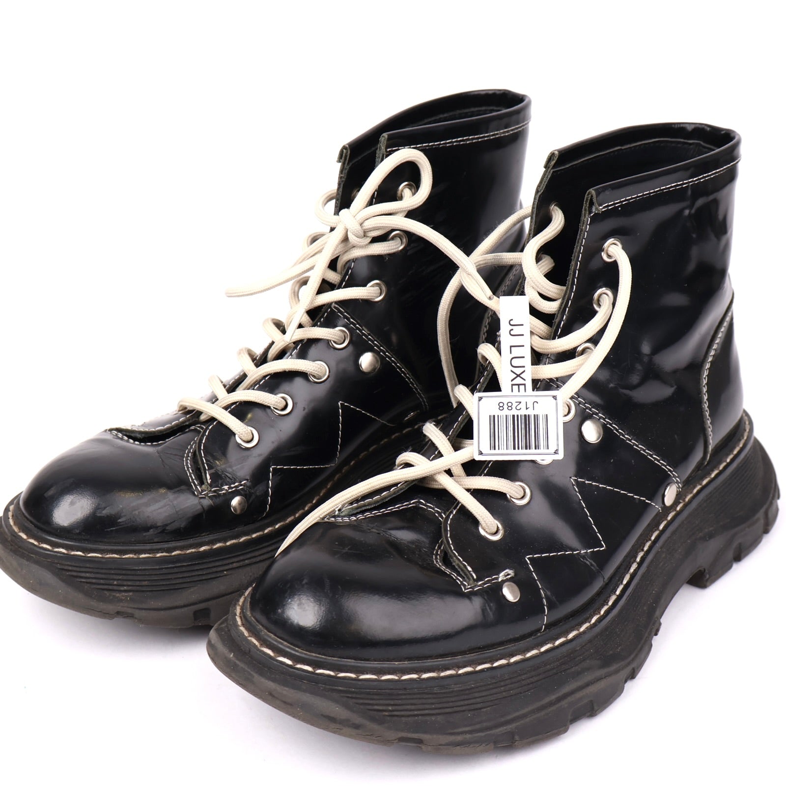 J1288 Alexander McQueen Tread Slick Black Patent Ankle Boots EU38/UK5- Pre Owned