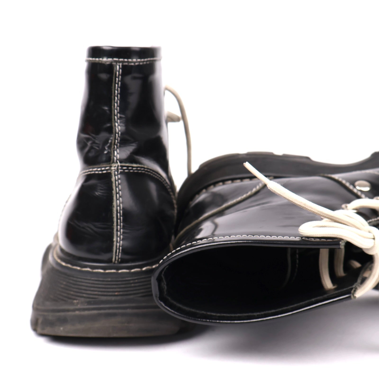 J1288 Alexander McQueen Tread Slick Black Patent Ankle Boots EU38/UK5- Pre Owned