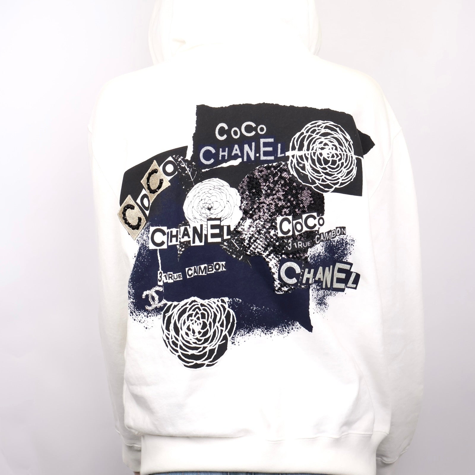 J1283 Chanel White Coco Camellia Back Graphic Zip Hoodie- Pre Owned