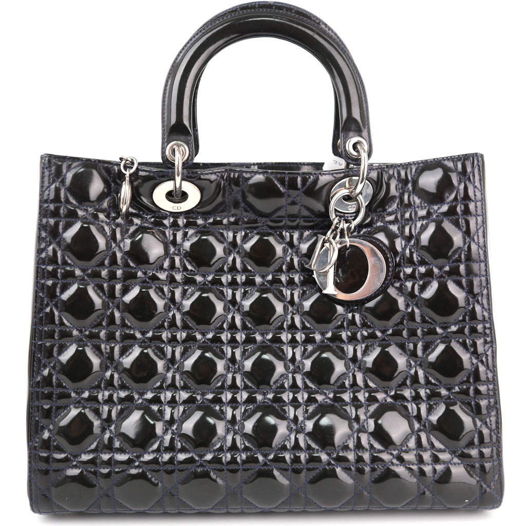 C1760# Christian Dior Black Cannage Patent Leather Large Lady Dior Top Handle Bag| Pre-Owned Very Good Black Cannage Leather, Patent leather