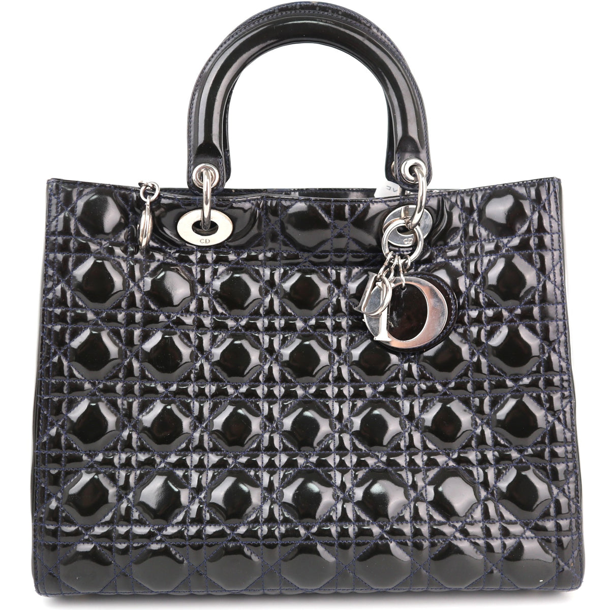 C1760# Christian Dior Black Cannage Patent Leather Large Lady Dior Top Handle Bag| Pre-Owned Very Good Black Cannage Leather, Patent leather