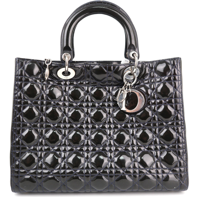 C1760# Christian Dior Black Cannage Patent Leather Large Lady Dior Top Handle Bag| Pre-Owned Very Good Black Cannage Leather, Patent leather