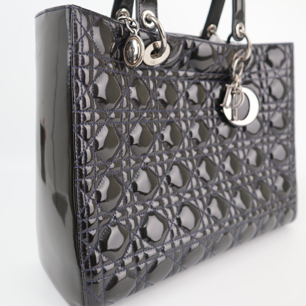 C1760# Christian Dior Black Cannage Patent Leather Large Lady Dior Top Handle Bag| Pre-Owned Very Good Black Cannage Leather, Patent leather