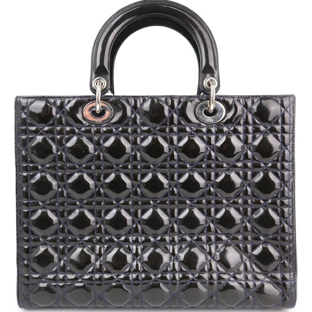 C1760# Christian Dior Black Cannage Patent Leather Large Lady Dior Top Handle Bag| Pre-Owned Very Good Black Cannage Leather, Patent leather
