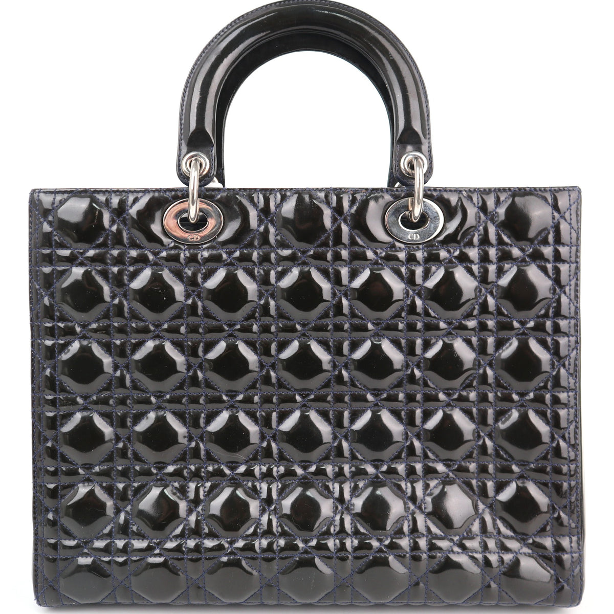 C1760# Christian Dior Black Cannage Patent Leather Large Lady Dior Top Handle Bag| Pre-Owned Very Good Black Cannage Leather, Patent leather