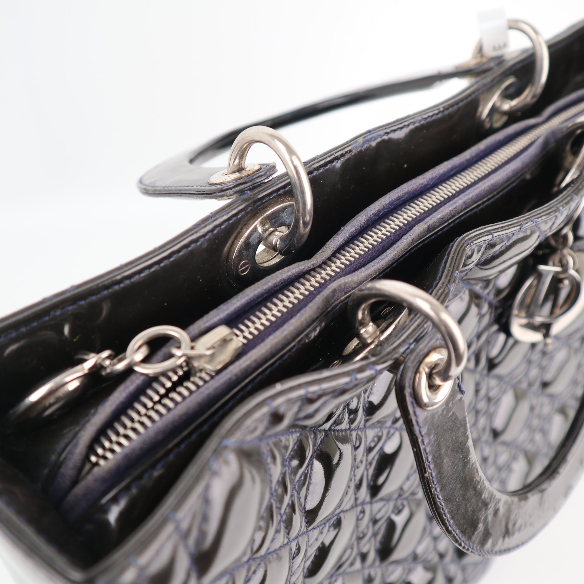 C1760# Christian Dior Black Cannage Patent Leather Large Lady Dior Top Handle Bag| Pre-Owned Very Good Black Cannage Leather, Patent leather