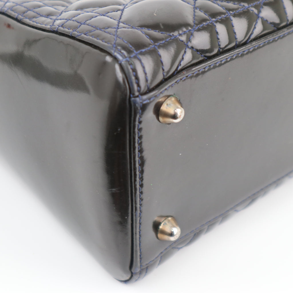 C1760# Christian Dior Black Cannage Patent Leather Large Lady Dior Top Handle Bag| Pre-Owned Very Good Black Cannage Leather, Patent leather