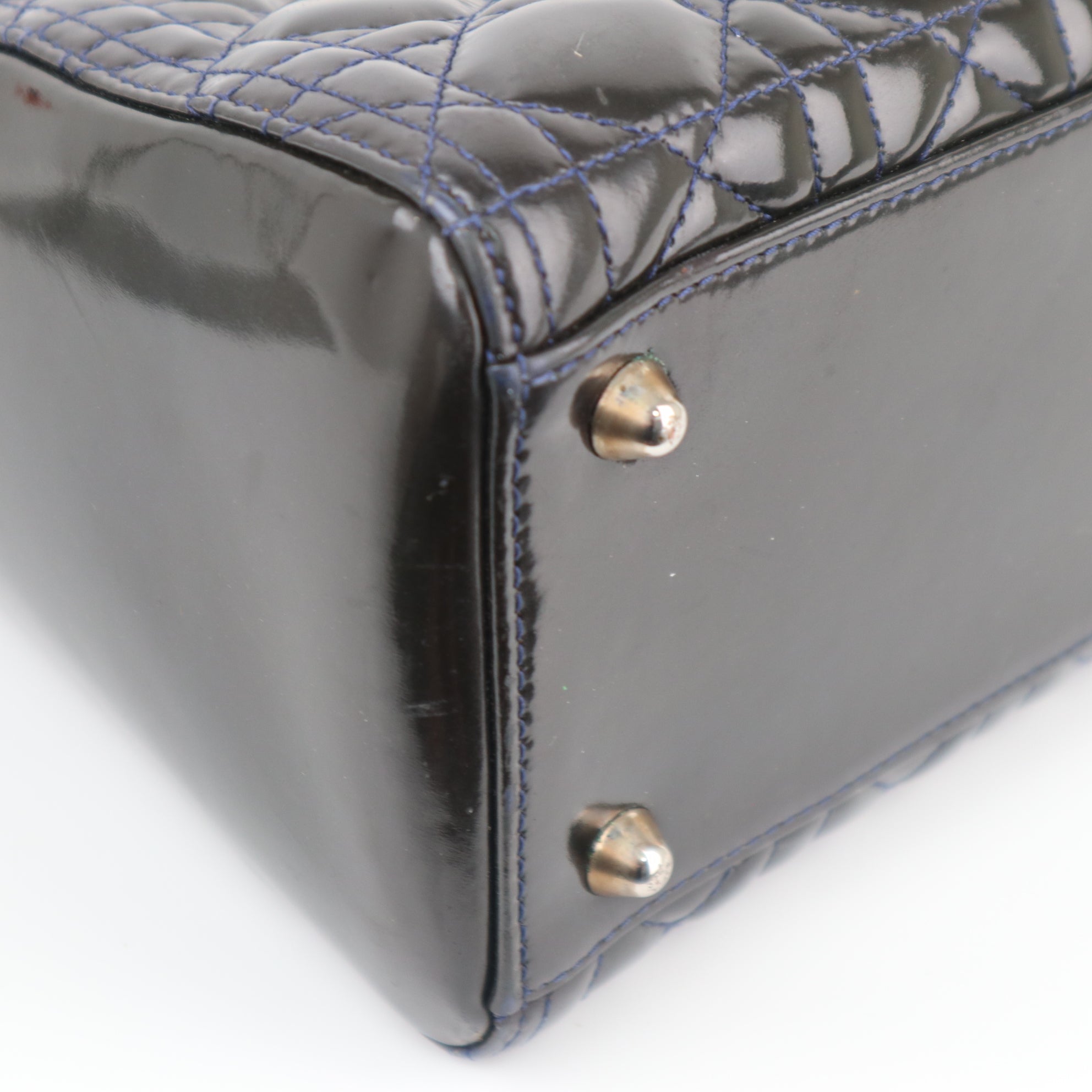 C1760# Christian Dior Black Cannage Patent Leather Large Lady Dior Top Handle Bag| Pre-Owned Very Good Black Cannage Leather, Patent leather