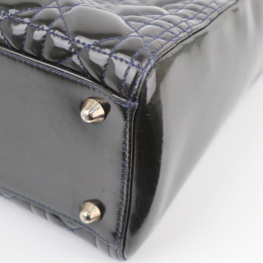 C1760# Christian Dior Black Cannage Patent Leather Large Lady Dior Top Handle Bag| Pre-Owned Very Good Black Cannage Leather, Patent leather