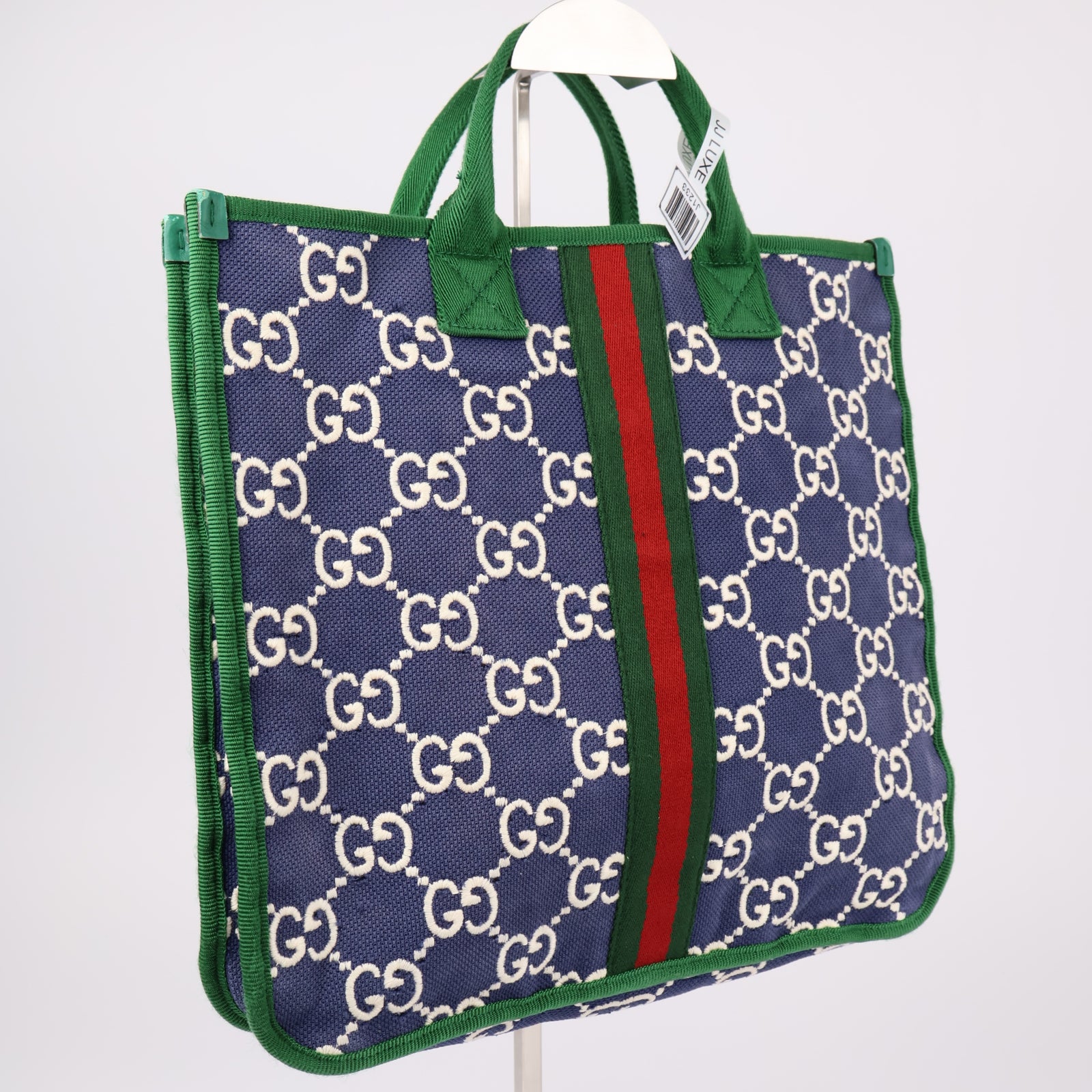 J1233-Gucci Blue GG Nylon Web Children's Tote Bag Green Navy blue- Pre Owned