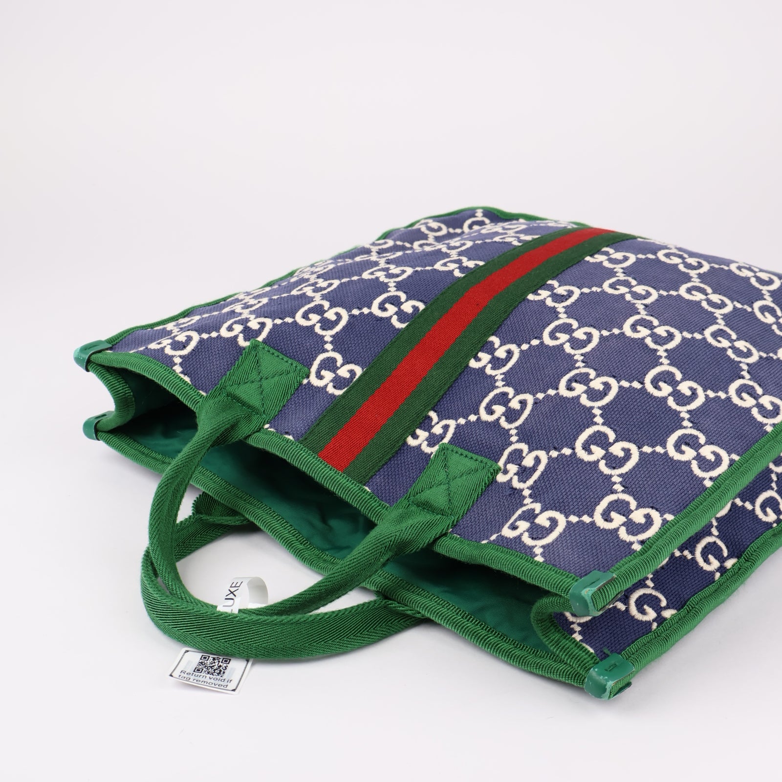 J1233-Gucci Blue GG Nylon Web Children's Tote Bag Green Navy blue- Pre Owned