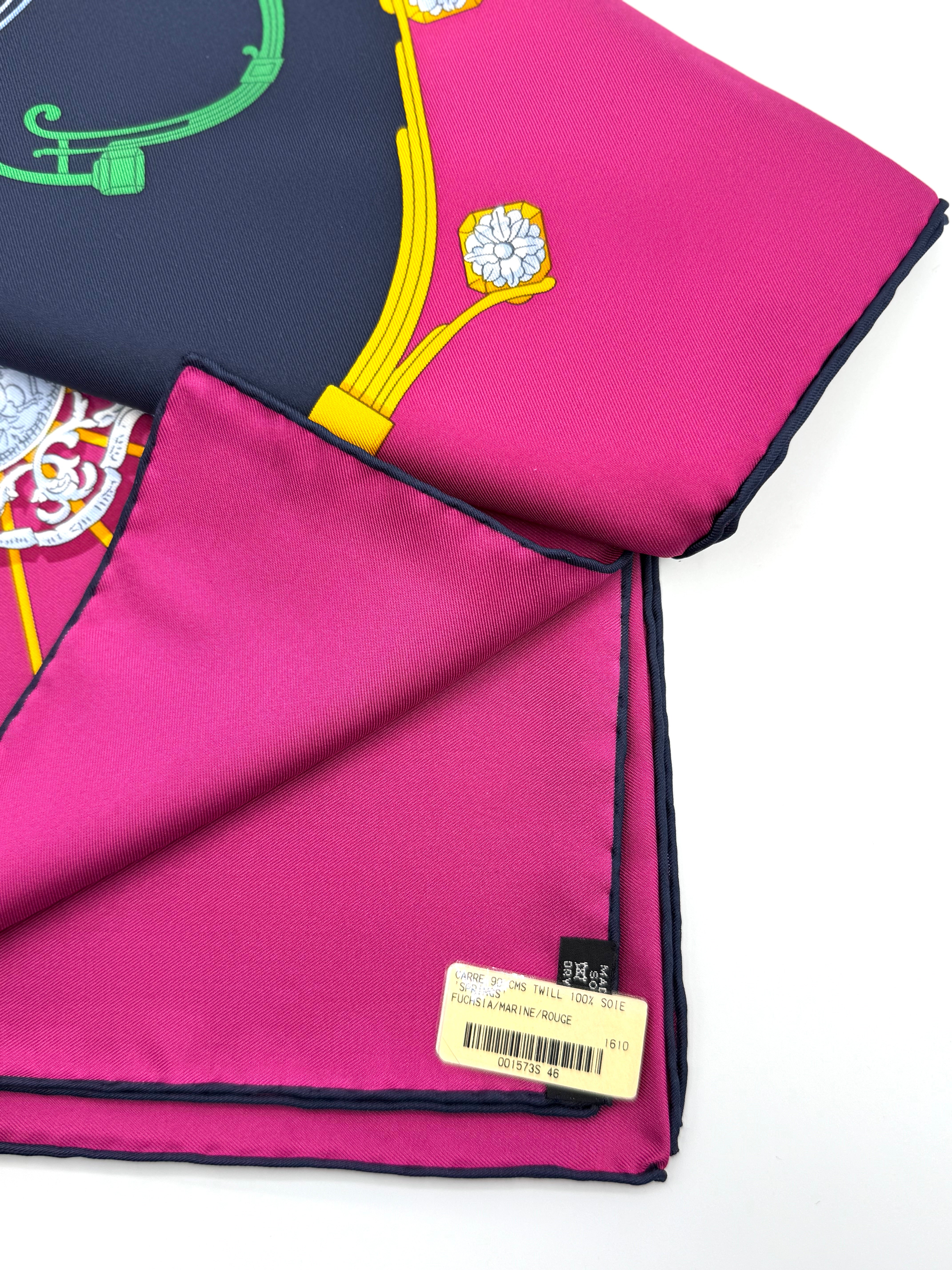 Hermès 90cm Silk Scarf Springs Marine Fuchsia Rouge