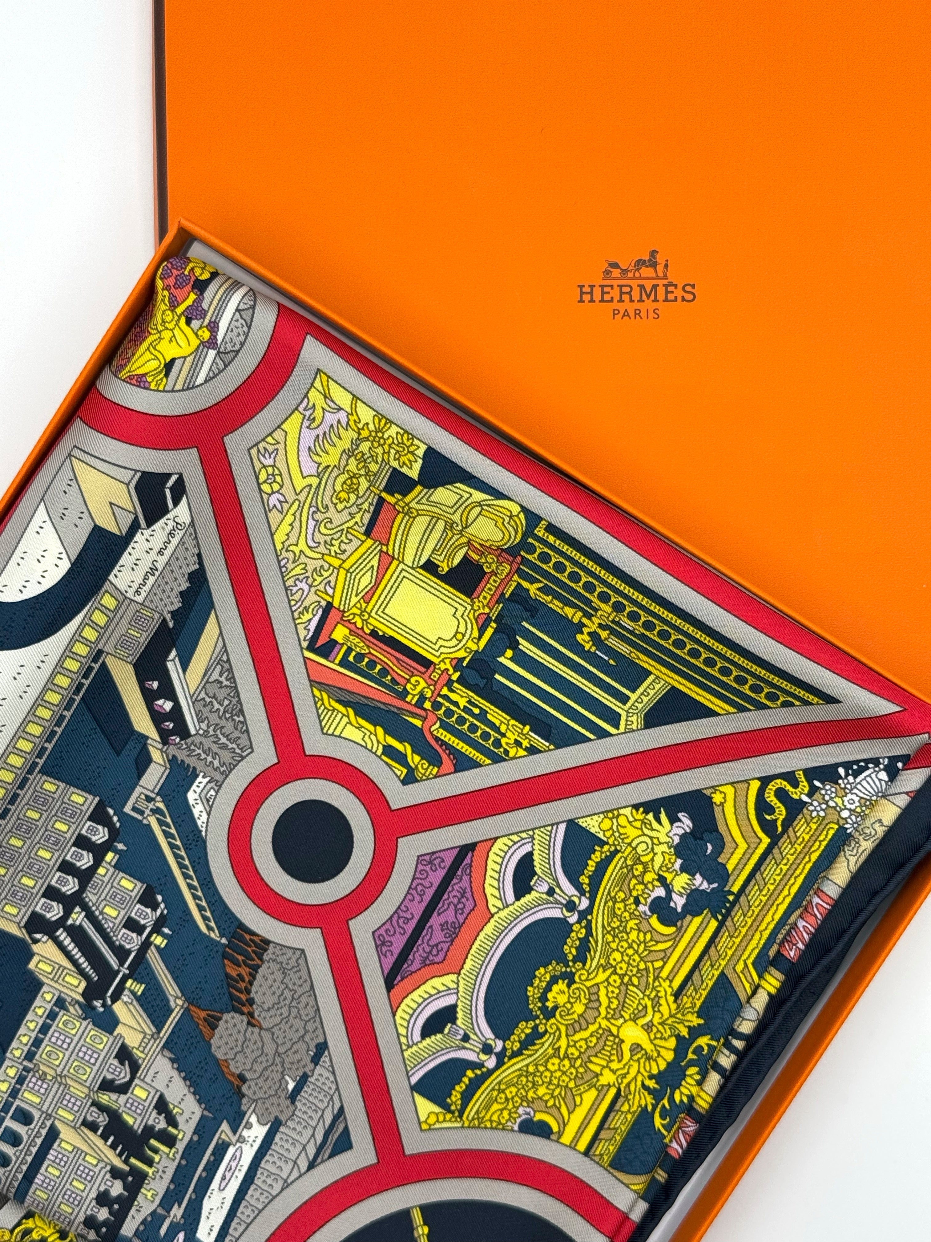 Hermès Silk Flanerie A Versailles Scarf 90 Ardoise Rouge Jaune