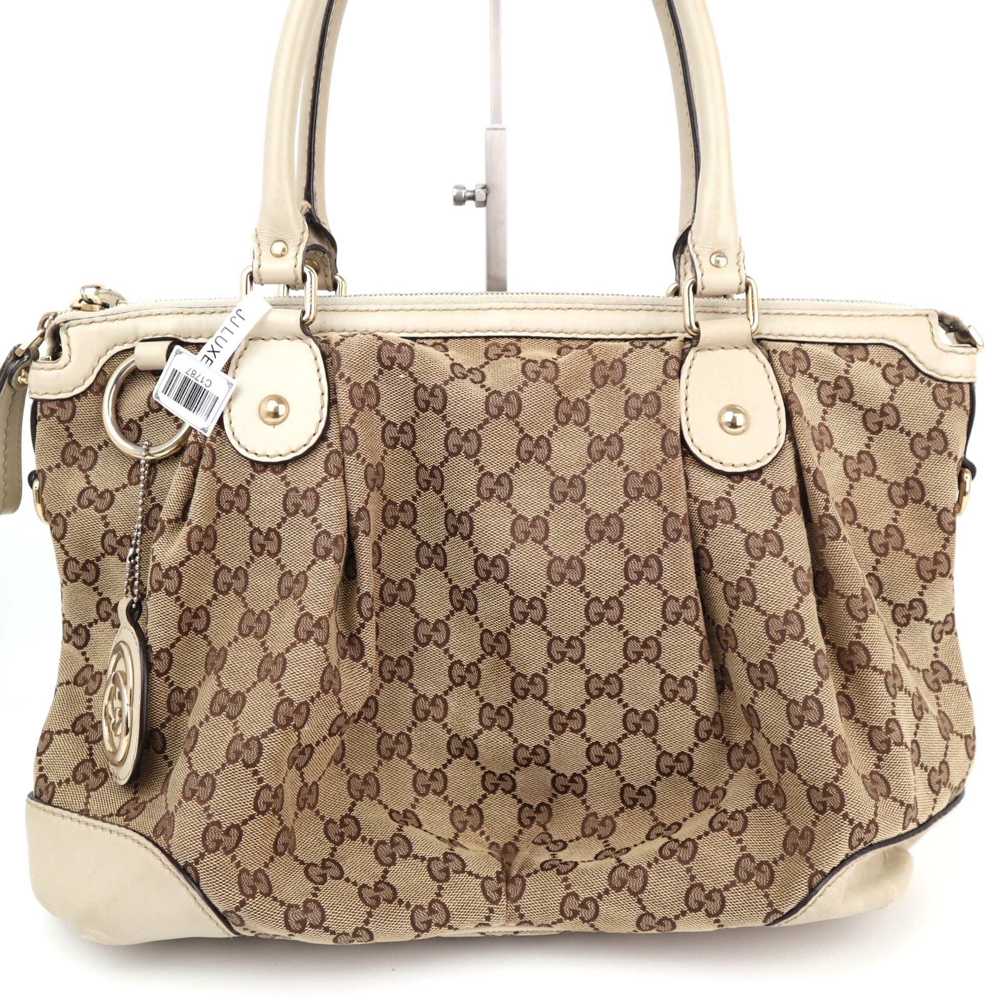 Gucci Beige/White GG Canvas Sukey Top Handle Bag Shoulder Bag C1787 | Pre-Owned Very Good Beige / White GG Canvas