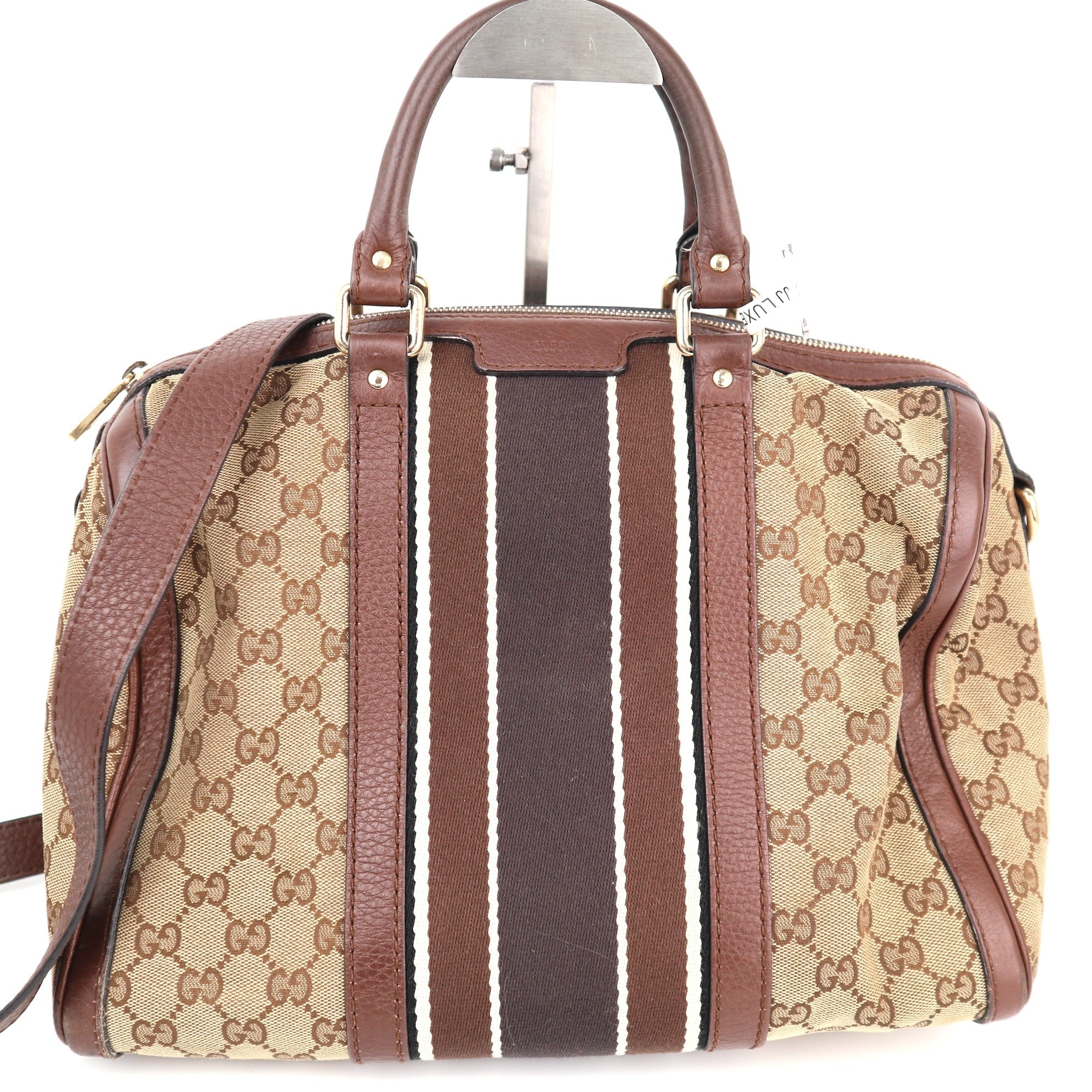 Gucci Monogram Vintage Web Boston Brown Top Handle Bag C1788 | Pre-Owned Very Good Brown Monogram, Web Canvas