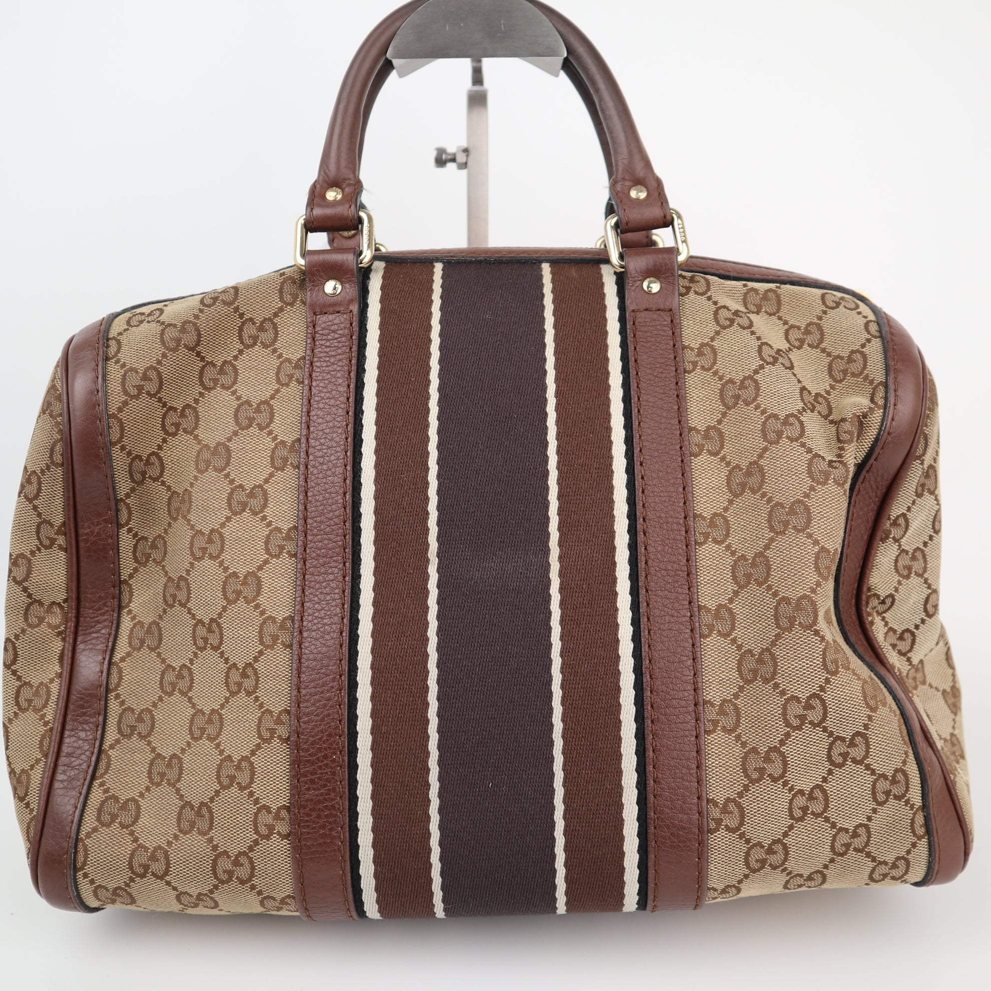 Gucci Monogram Vintage Web Boston Brown Top Handle Bag C1788 | Pre-Owned Very Good Brown Monogram, Web Canvas