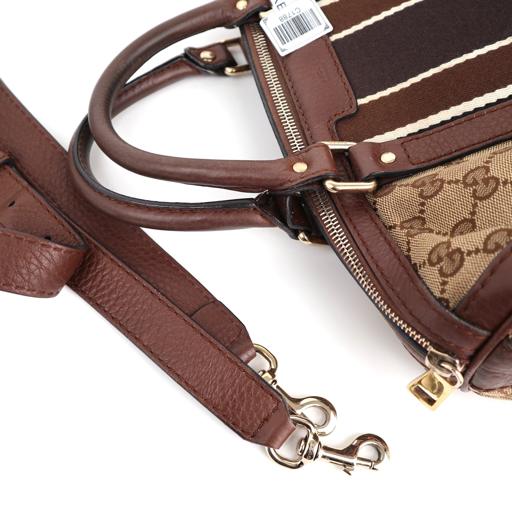 Gucci Monogram Vintage Web Boston Brown Top Handle Bag C1788 | Pre-Owned Very Good Brown Monogram, Web Canvas