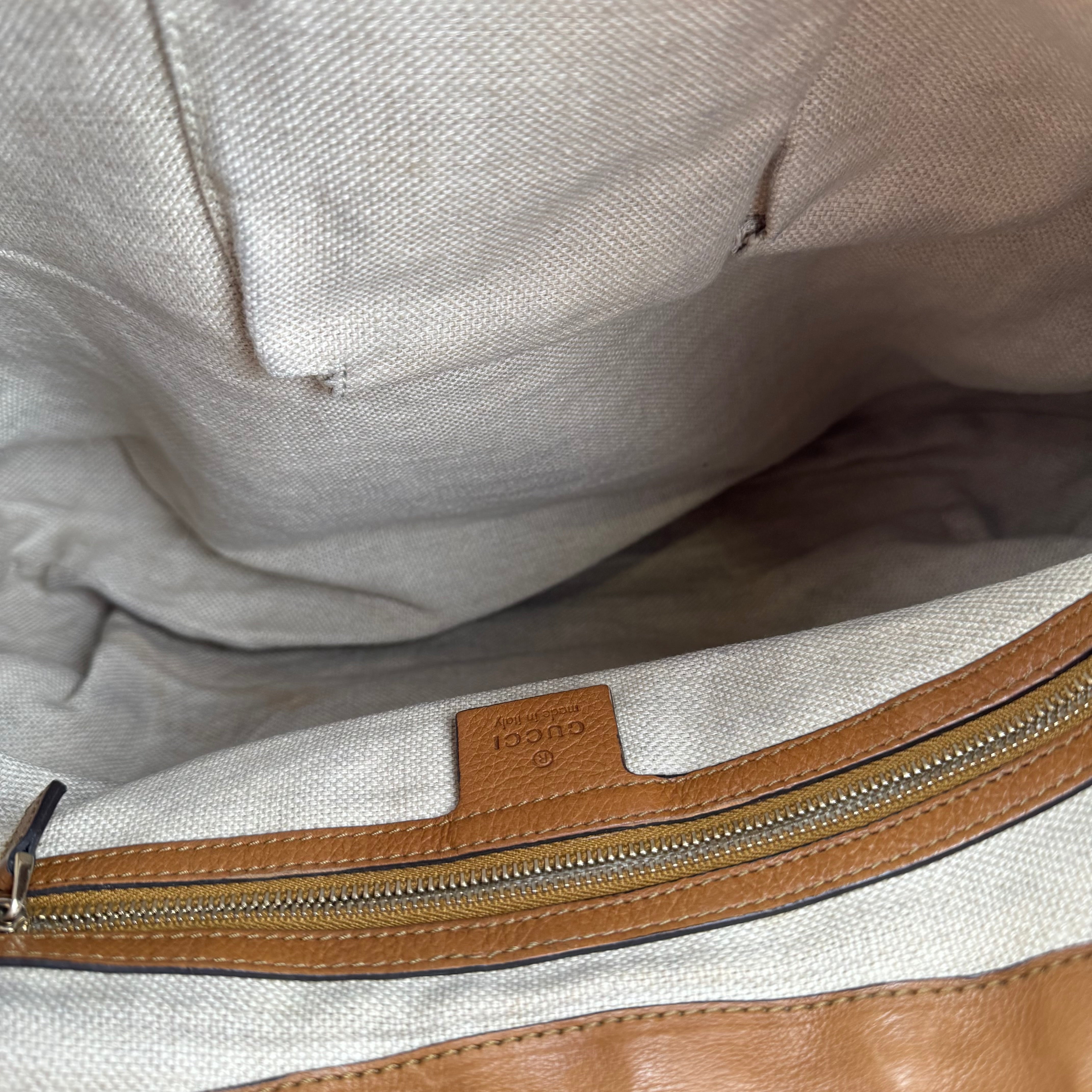 J3508 GUCCI Beige GG Canvas And Tan Leather Marrakech Flap Shoulder Bag- Pre Owned