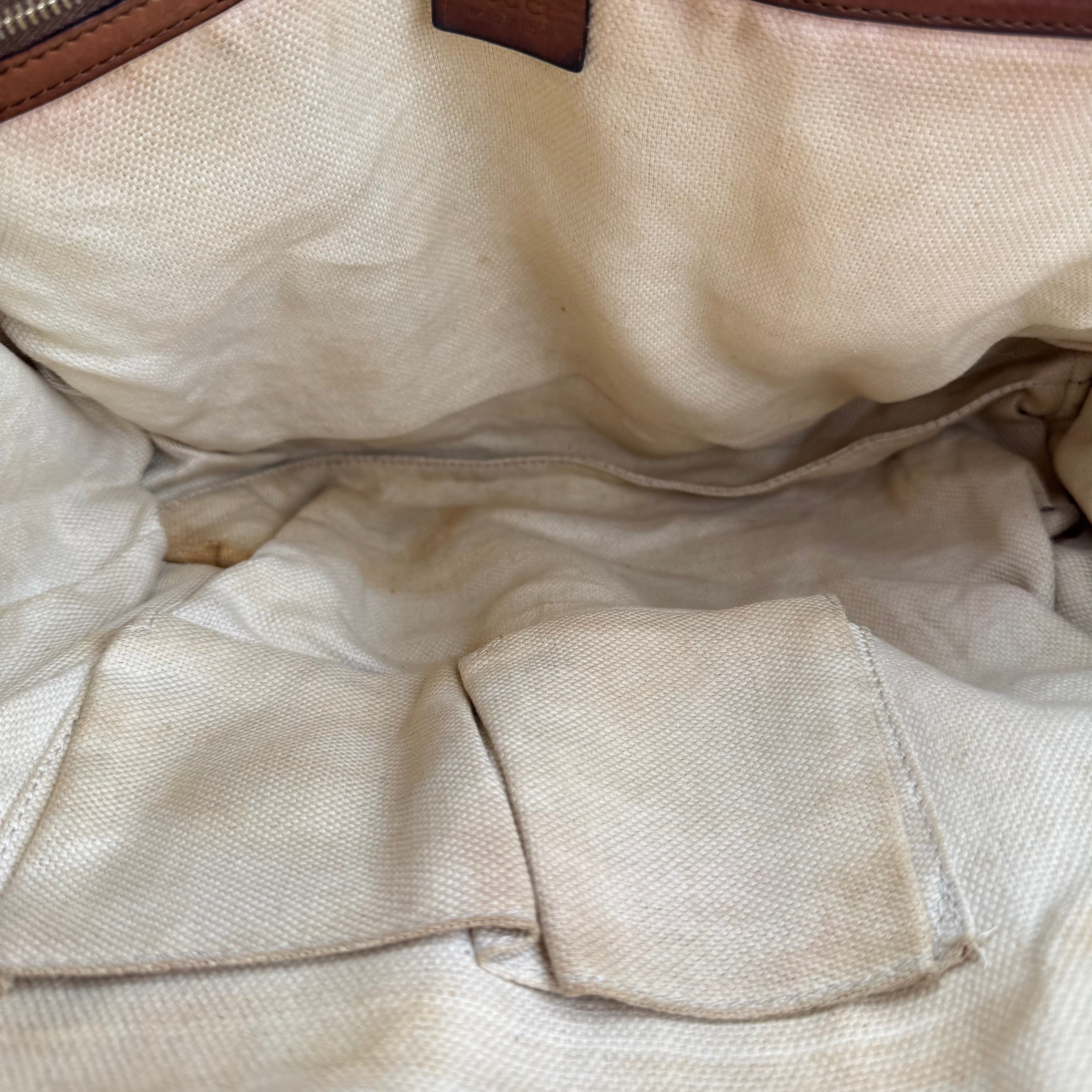 J3509 Gucci Brown Diamante Canvas Satchel Beige Leather- Pre Owned