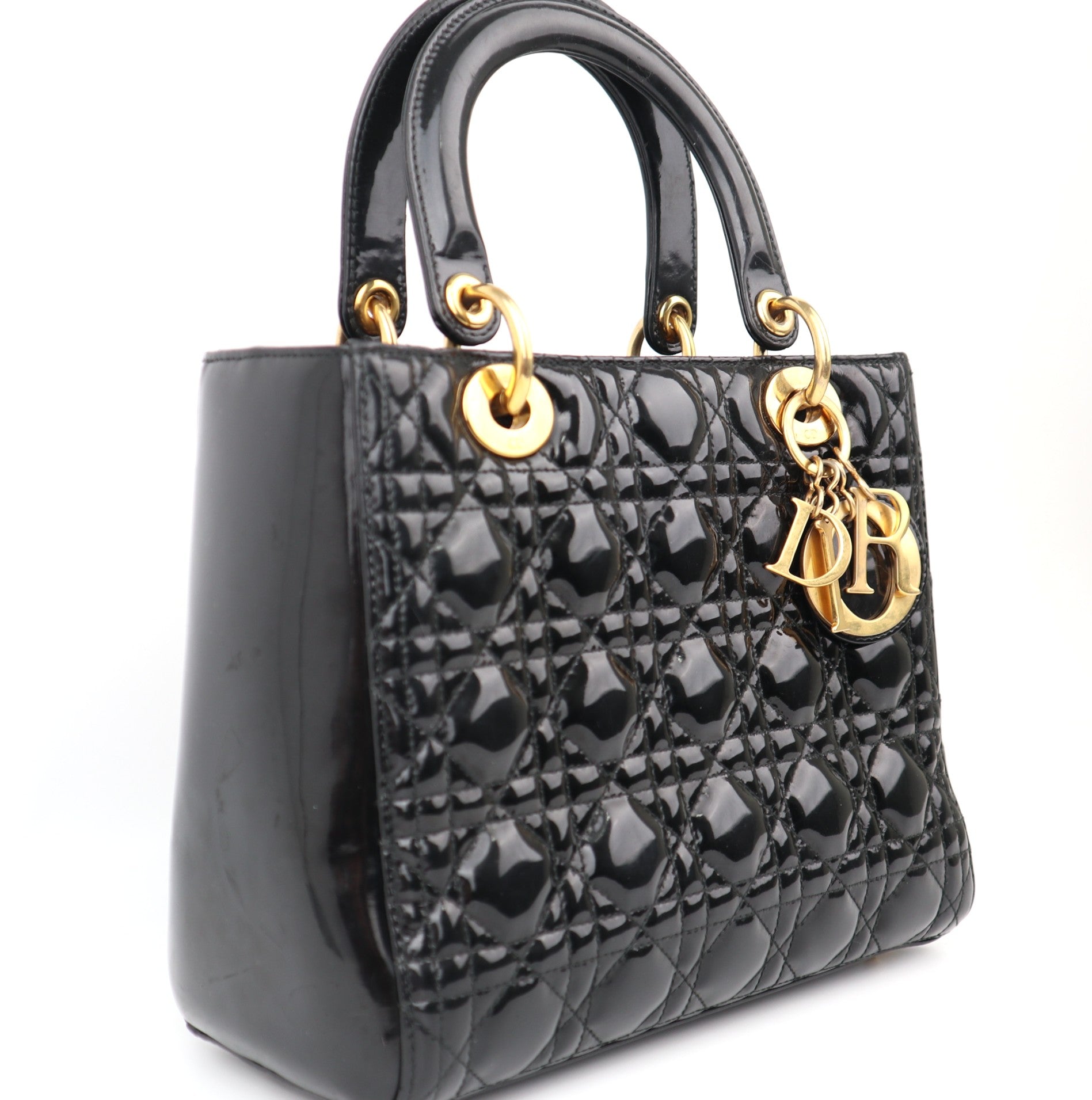 C1180 Christian Dior Black Patent Leather Medium Lady Dior Bag-Pre Owned