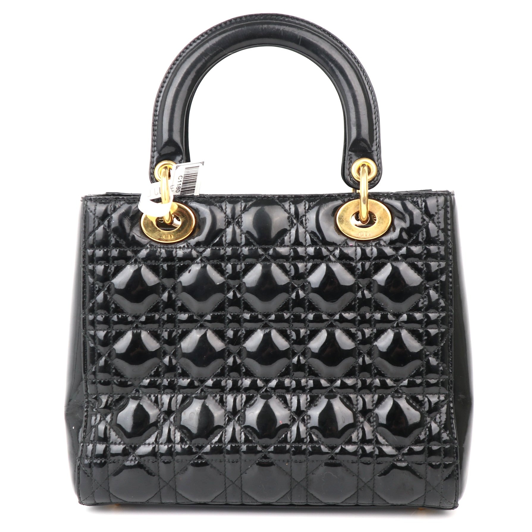 C1180 Christian Dior Black Patent Leather Medium Lady Dior Bag-Pre Owned