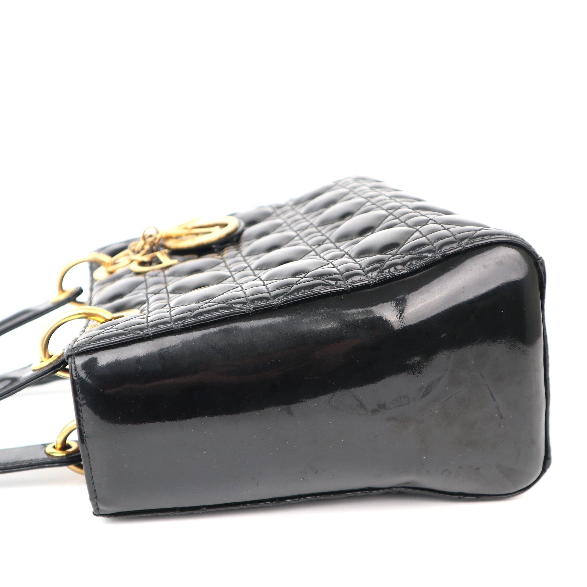 C1180 Christian Dior Black Patent Leather Medium Lady Dior Bag-Pre Owned