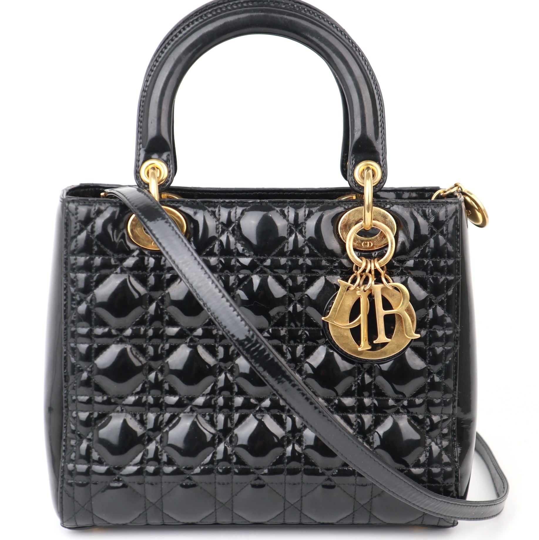 C1180 Christian Dior Black Patent Leather Medium Lady Dior Bag-Pre Owned