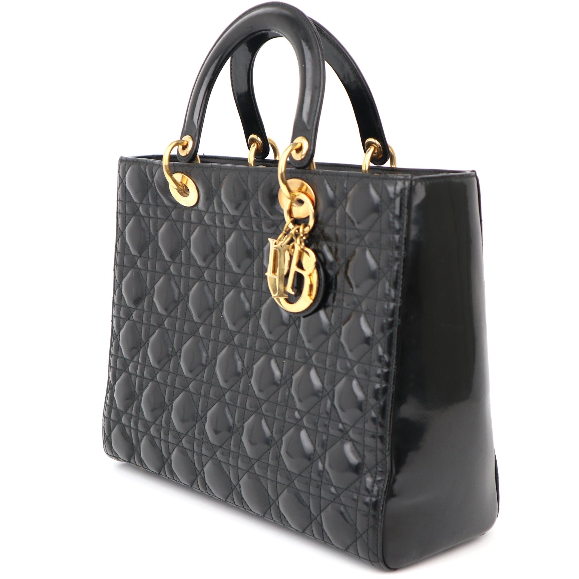 C1181 Dior Lady Dior Large Black Patent Leather Totes Bag-Pre Owned