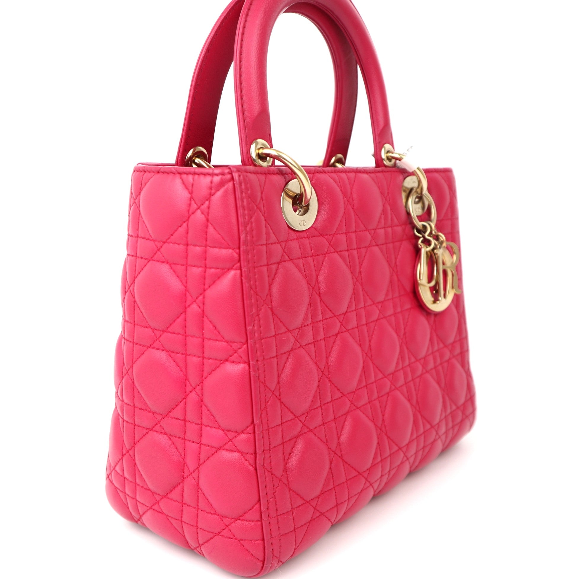 C1176 Christian Dior Pink Cannage Quilted Lambskin Leather Medium Lady Dior Bag-Pre Owned