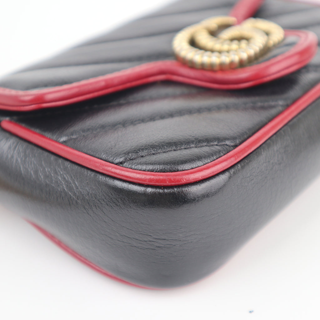 C2636 Gucci Crossbody Bag Black/Red Quilted Leather Marmont Super Mini Torchon Crossbody Bag | Pre-Owned Very Good Black / Red Quilted Leather